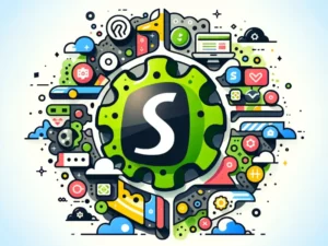 Shopify's New Era for App Integration - Vector image: Shopify logo with app icons, interlocking gears, and digital portal in vibrant colors