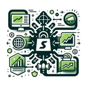 Shopifys Strategic Investment in Klaviyo - Vector graphic depicting Shopify logos connected by arrows, with e-commerce icons on a white background