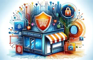 Shopify's Strategic Move with Worldcoin - Digital storefront, security shield, fingerprint icon, global connectivity, white background, tech-themed illustration.