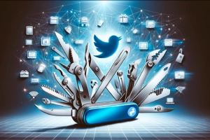 Expanding Shopify's Horizons with X - Bird transforming into Swiss Army knife with digital and e-commerce elements