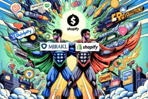 Revolutionizing E-Commerce Mirakl and Shopify Join Forces - Two superheroes clasping hands, surrounded by vibrant e-commerce and growth symbols.