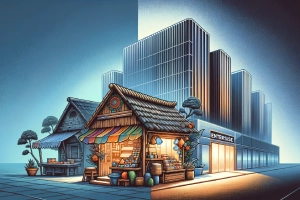 Shopify Targets Big Retailers with New Strategy - Small market stall beside towering retail stores