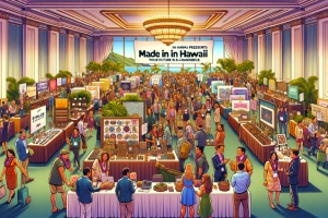 E-Commerce Insights: Amazon & Shopify Lead the Way - Animated, lively conference scene with booths and characters in Hawaiian attire.