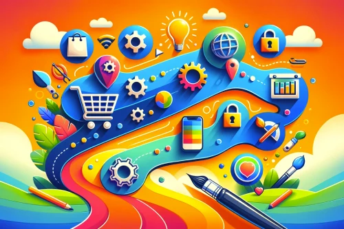 Essential Shopify Store Setup Checklist - Vibrant checklist with icons on a colorful flowing path.