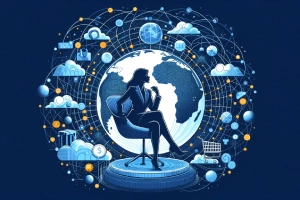 Shopify Appoints New EMEA Partnerships Head -Vector globe with interconnected lines and e-commerce symbols behind a woman sitting in the chair
