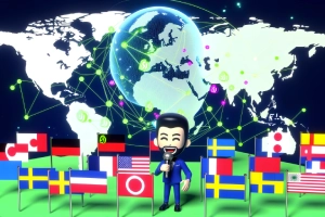 Shopify Launches Global Expansion Initiative - Animated world map with global network, a bunch of nation flags and person holding a mic.