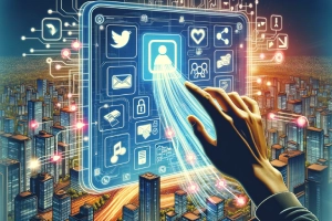 Appy Pie and Shopify: Streamlining E-Commerce Operations - Futuristic cityscape with transparent touchscreen, drag-and-drop interface visualized.