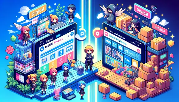 Feature Comparison: Kajabi vs. Shopify - illustrations comparing the two platforms: one specializing in digital products and the other handling both digital and physical items.