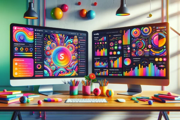 Shopify Marketing Tools Overview - two computer screens side by side, one displaying Shopify's dashboard with various marketing tools, the other showing Weebly's dashboard with integrated marketing features