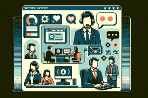 Shopify Vs Volusion for Customer Support Services - Retro customer support pixel scene with agents, headsets, and service icons.