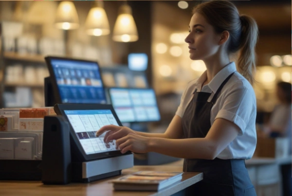 Migrating to Shopify's Unified Platform - A store owner using a modern POS system with a sleek interface to process a sale