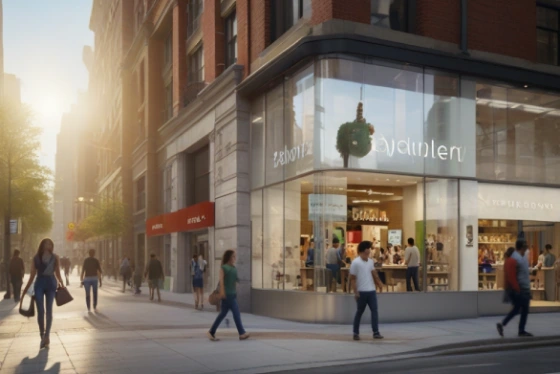 Shopify Adapts for Click-and-Mortar Shopping Demand - a bustling downtown shopping district with modern stone and glass storefronts.