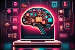 Shopify Teams Up with Astound Digital to Transform E-Commerce - a digital brain or neural network with icons or graphics representing e-commerce above a laptop