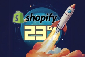 Shopify Unleashes Unstoppable Growth in Q1 Earnings - Shopify logo with '23%' text and a rocket in front of some kind of planet