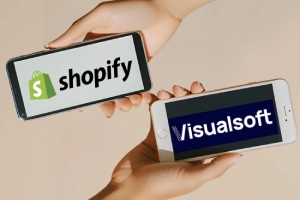Shopify Integration Takes Visualsoft to New Heights - Shopify and Visualsoft logo on mobile screen devices
