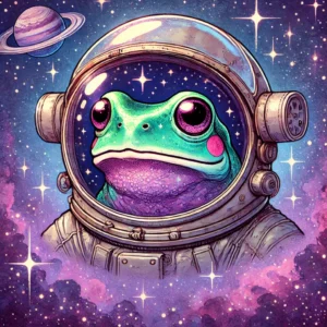 DALL·E 2025-03-20 18.22.11 - A whimsical illustration of a frog wearing a space helmet, floating in a cosmic environment. The frog has a curious expression, with its wide eyes ref