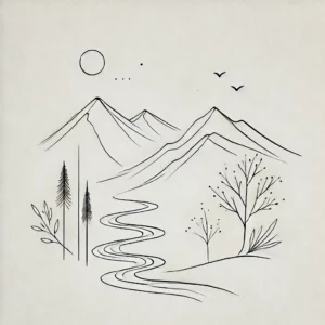 DALL·E 2025-03-20 18.05.49 - A minimalist nature sketch featuring delicate line art of mountains, trees, and a flowing river. The drawing is simple yet elegant, with fine black in