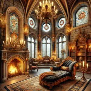 DALL·E 2025-03-20 18.29.37 - A luxurious Castlecore-inspired home interior, blending medieval grandeur with cozy elegance. The room features towering stone walls, arched windows w