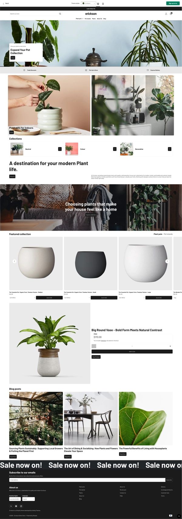 Erickson shopify theme for plants and gardening. Modern, clean, open, with room for your products to shine.