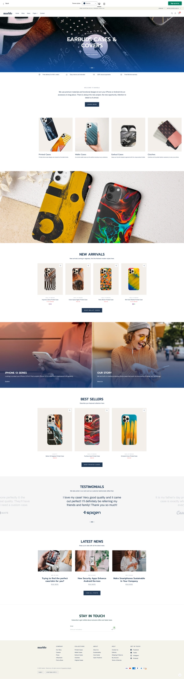 Habitat marble theme for phone cases. Modern, clean, sleek, but bold with two hero sections with products between. Good for products that stand out.