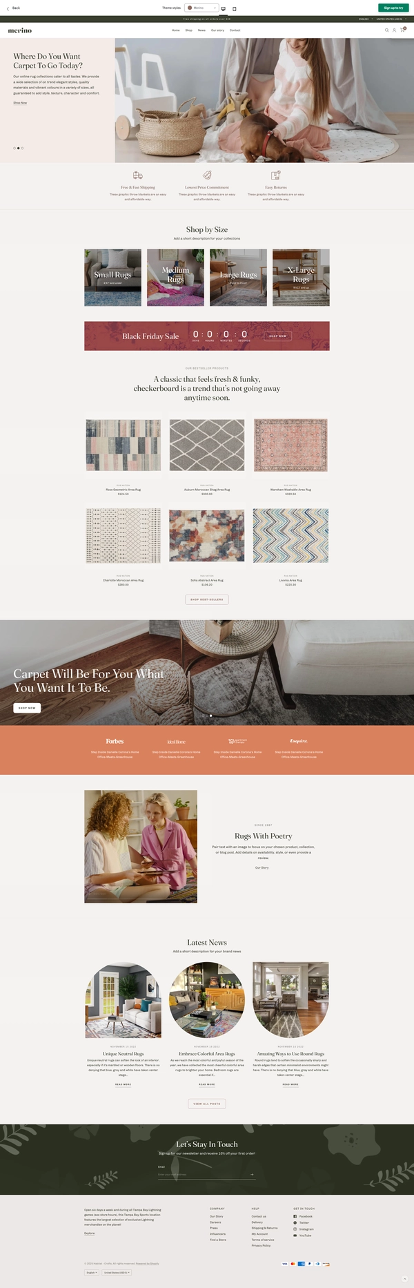 Habitat Merino rug and carpet Shopify theme, natural neutrals with complementary rows, small grids. Modern and clean feeling for any type of rug or carpet brand.