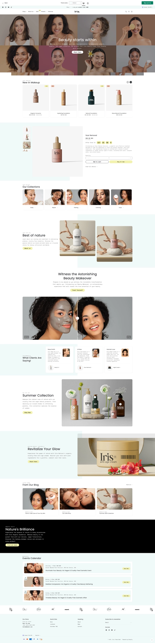 Iris default clean and modern Shopify makeup theme. Lots of whitespace with image blocks, products. Not overly complicated.