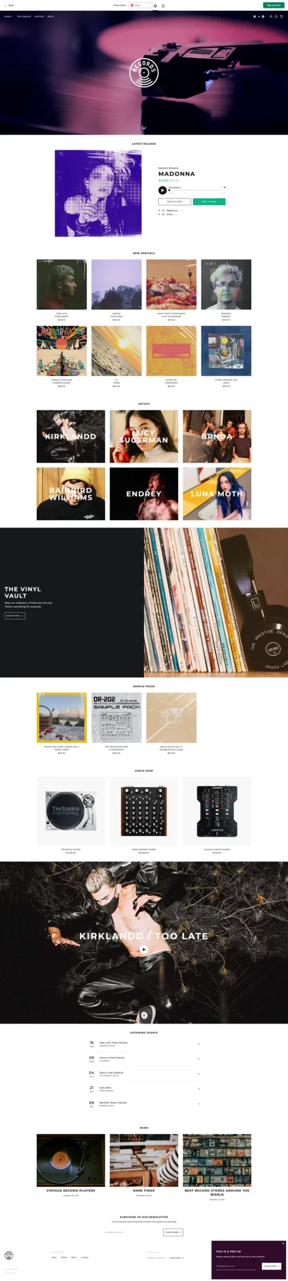 Label Shopify record store template. Bright, light, modern with grids, hero, rows, boxes.