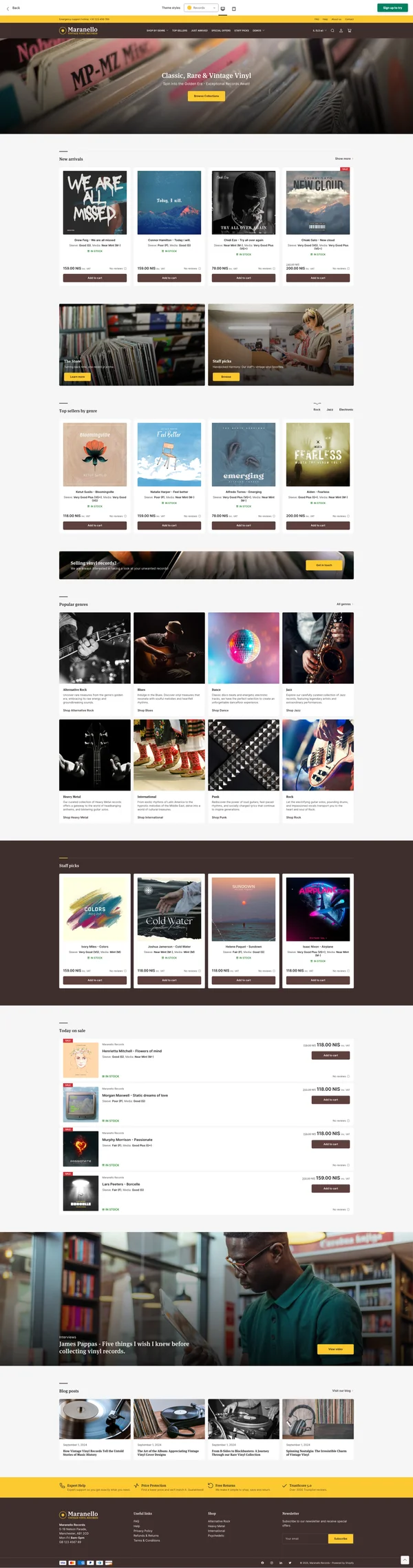 Maranello Records Shopify theme for record stores. Bright, white, and clean, it's sorta blocky but crisp.