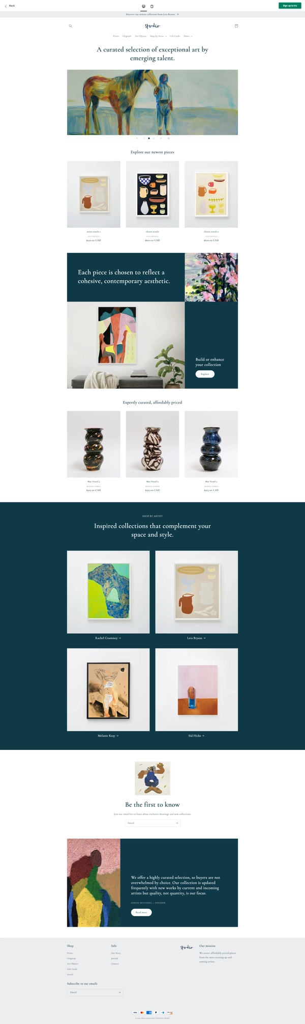 Studio shopify theme with bold dark grid on the bottom, light on the top, small hero.