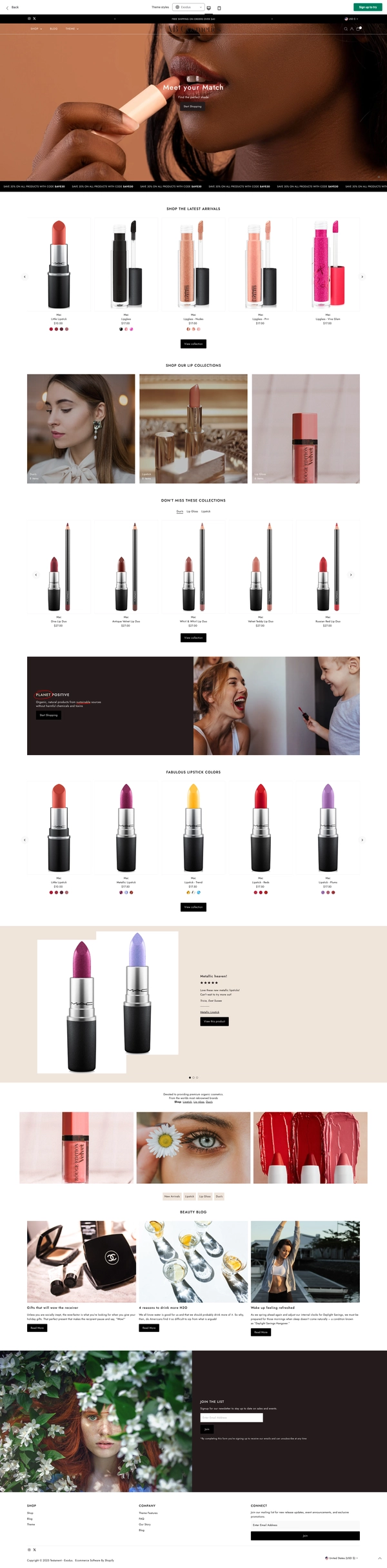 Testament Exodus Shopify make up theme, beige neutrals with white, lots of open space, not grid but rows. Clean, open and modern feeling, classic, a bit of old money vibes.