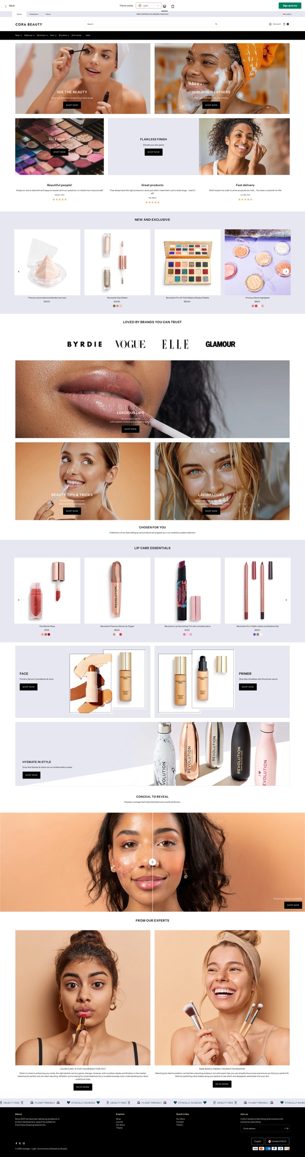 Vantage light shopify theme for makeup. Bright, clean, minimalist but bold. Includes lots of detailed images, products, complete information on the first page. Not minimalist.