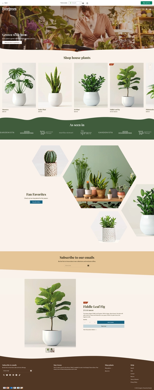 Whisk smooth shopify theme for plants and gardening. Neutral and green tones make this a warm, earthy natural looking template.